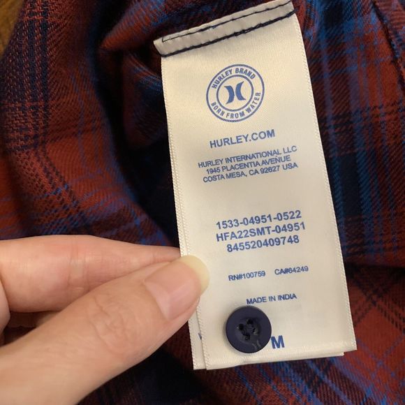Hurley Red & Blue Plaid Flannel Button-Up Long Sleeve Shirt Mens Size M NWT - Picture 8 of 8